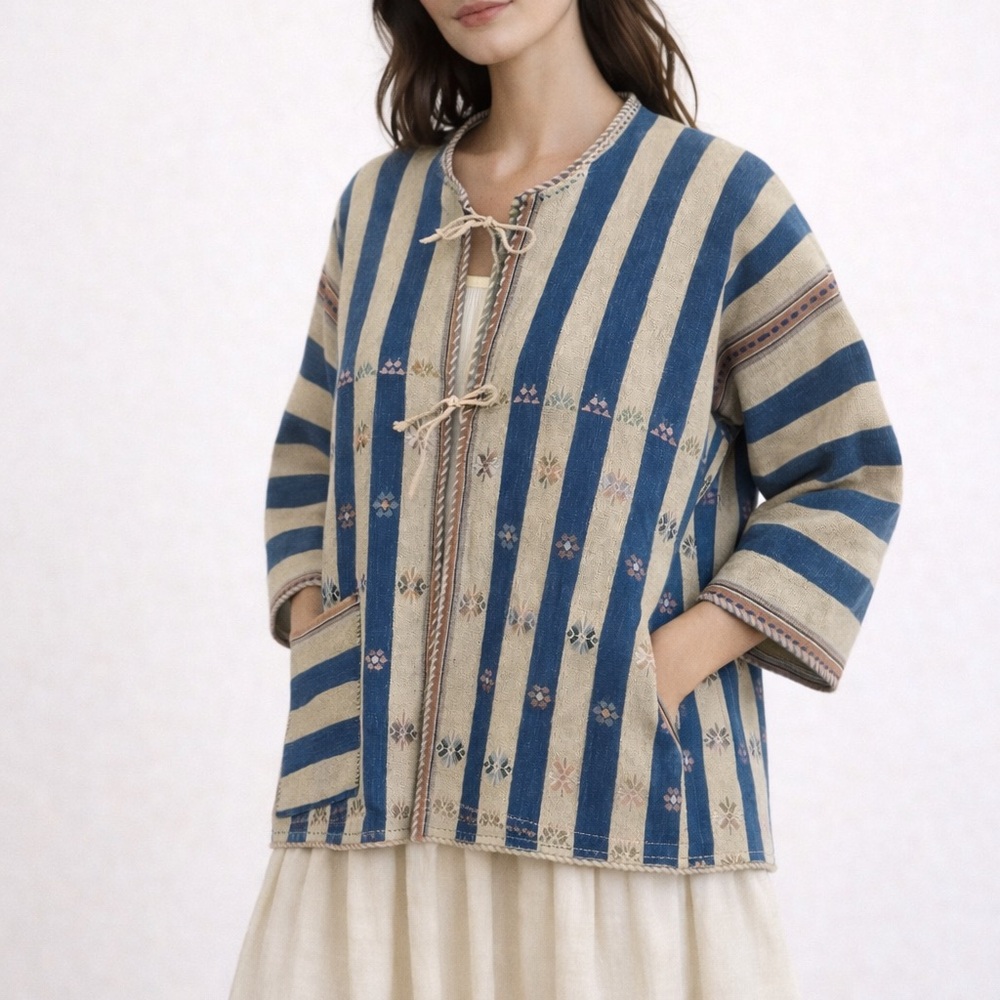 Thai Handwoven Blue Stripe Jacket｜Handmade Cotton｜Artisan Lightweight Jacket